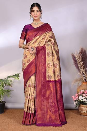 Cream wine  soft silk blend banarasi jacuard work designer party wear saree with unstitched blouse piece