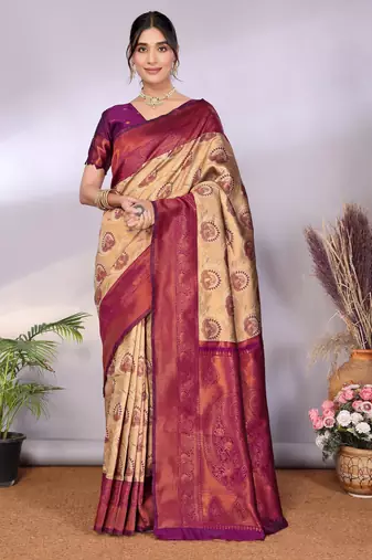 Cream wine  soft silk blend banarasi jacuard work designer party wear saree with unstitched blouse piece