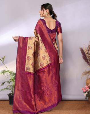 cream wine silk blend banarasi saree with unstitched blouse piece 2