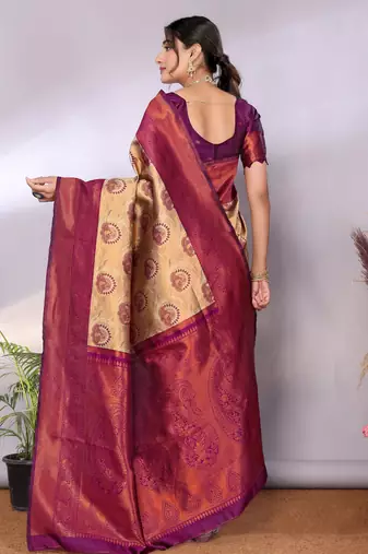 cream wine silk blend banarasi saree with unstitched blouse piece