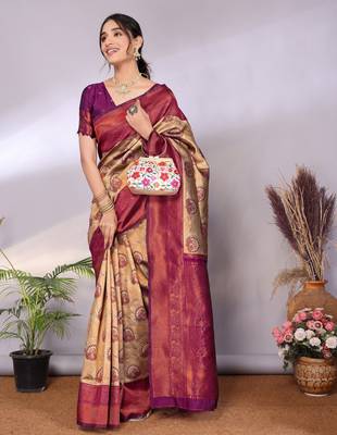 cream wine silk blend banarasi saree with unstitched blouse piece 3
