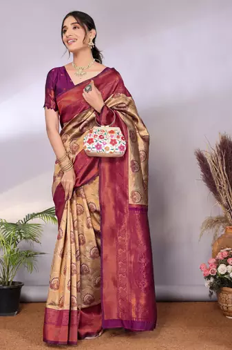 cream wine silk blend banarasi saree with unstitched blouse piece