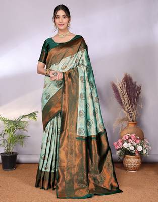 pista green silk blend banarasi saree with unstitched blouse piece 1