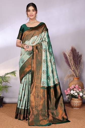 Pista green  soft silk blend banarasi jacuard work designer party wear saree with unstitched blouse piece
