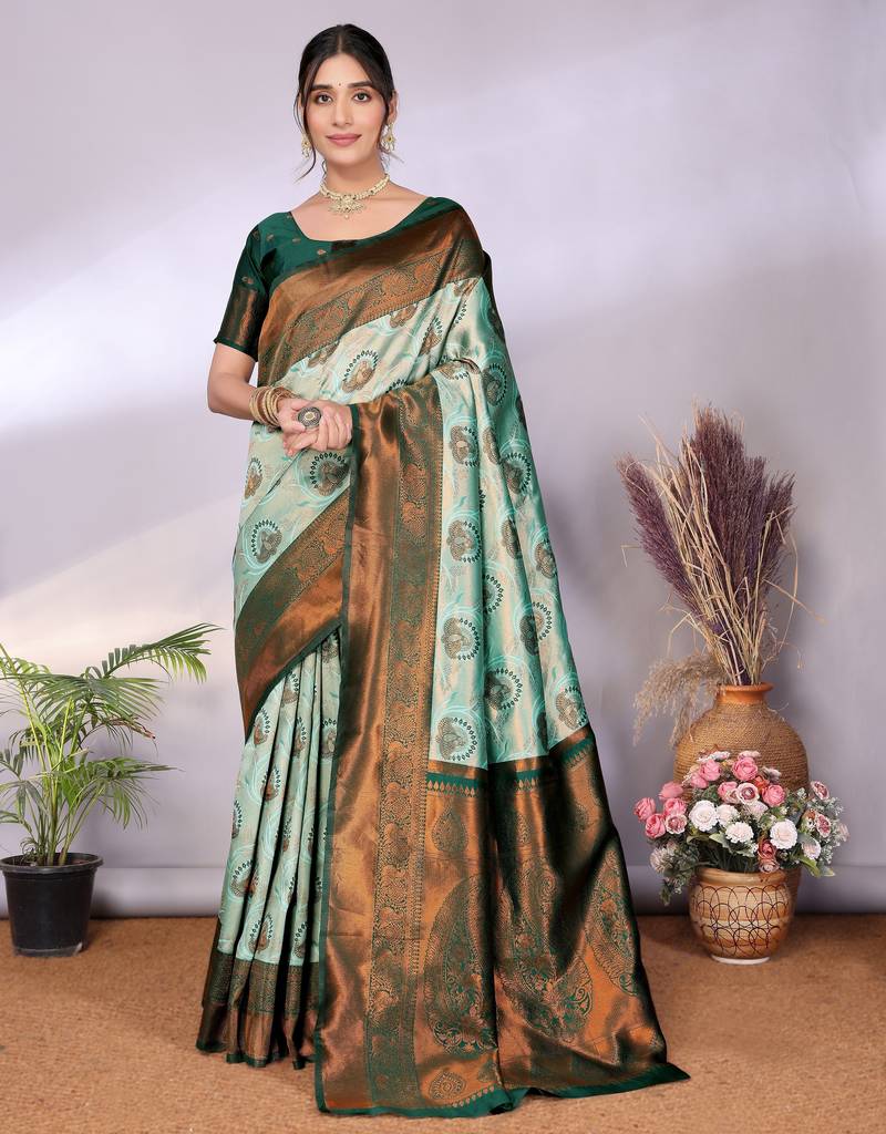 Pista green  soft silk blend banarasi jacuard work designer party wear saree with unstitched blouse piece