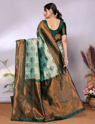 pista green silk blend banarasi saree with unstitched blouse piece 2