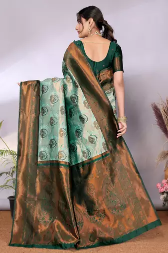 pista green silk blend banarasi saree with unstitched blouse piece