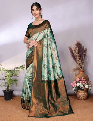 pista green silk blend banarasi saree with unstitched blouse piece 3