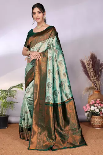 pista green silk blend banarasi saree with unstitched blouse piece