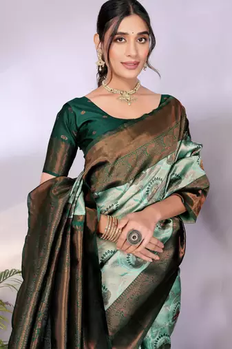 pista green silk blend banarasi saree with unstitched blouse piece