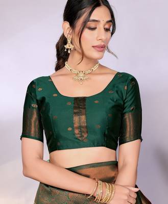 pista green silk blend banarasi saree with unstitched blouse piece 5