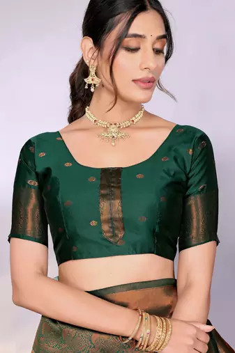 pista green silk blend banarasi saree with unstitched blouse piece