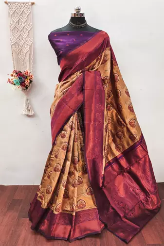 Cream wine  soft silk blend banarasi jacuard work designer party wear saree with unstitched blouse piece