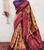 Cream wine  soft silk blend banarasi jacuard work designer party wear saree with unstitched blouse piece