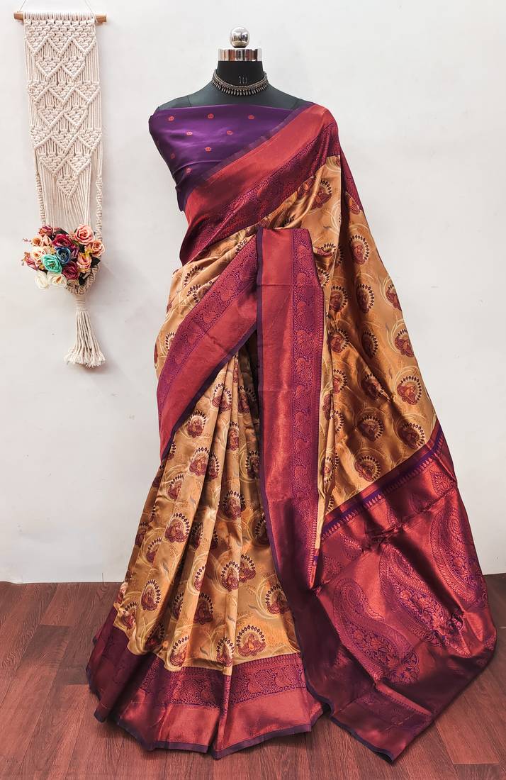 Cream wine  soft silk blend banarasi jacuard work designer party wear saree with unstitched blouse piece