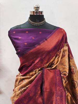 cream wine silk blend banarasi saree with unstitched blouse piece 2
