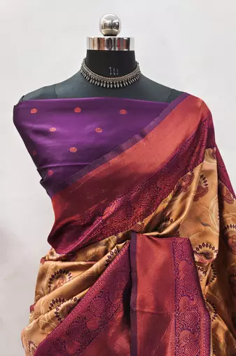 cream wine silk blend banarasi saree with unstitched blouse piece