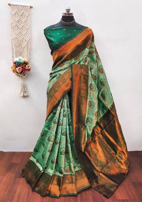 pista green silk blend banarasi saree with unstitched blouse piece 1