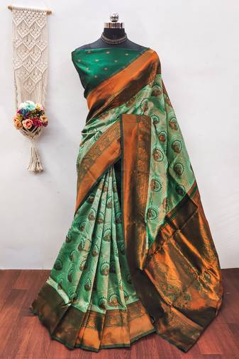 Pista green  soft silk blend banarasi jacuard work designer party wear saree with unstitched blouse piece