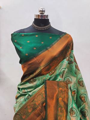 pista green silk blend banarasi saree with unstitched blouse piece 2
