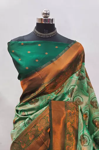 pista green silk blend banarasi saree with unstitched blouse piece