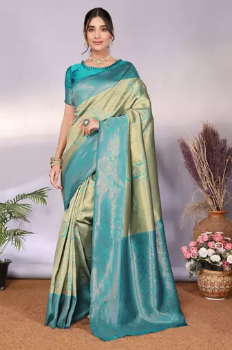 Rama rama  soft silk blend banarasi jacuard work designer party wear saree with unstitched blouse piece