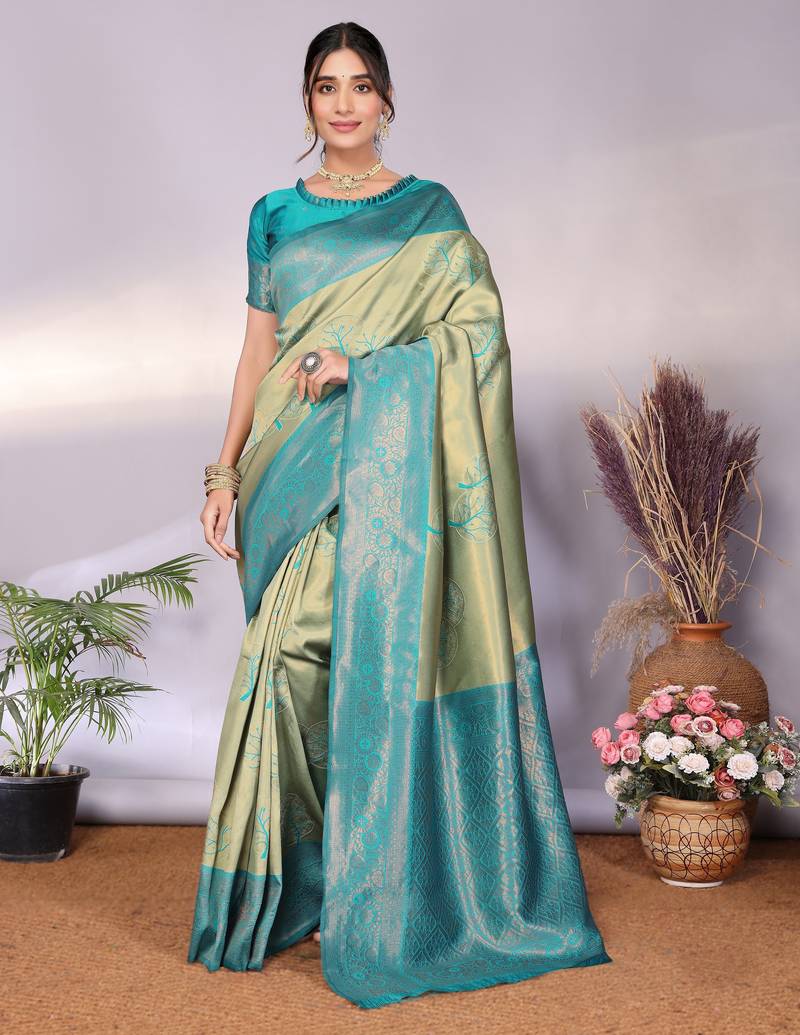 Rama rama  soft silk blend banarasi jacuard work designer party wear saree with unstitched blouse piece