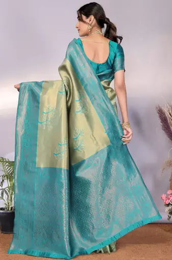 rama rama silk blend banarasi saree with unstitched blouse piece
