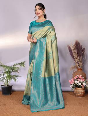 rama rama silk blend banarasi saree with unstitched blouse piece 3