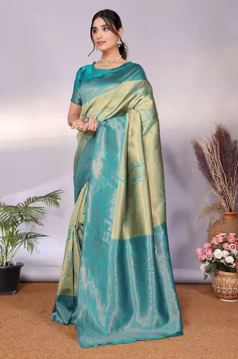 rama rama silk blend banarasi saree with unstitched blouse piece