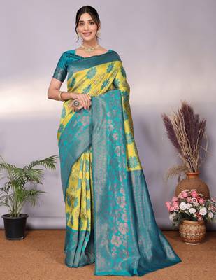 lemon rama silk blend banarasi saree with unstitched blouse piece 1