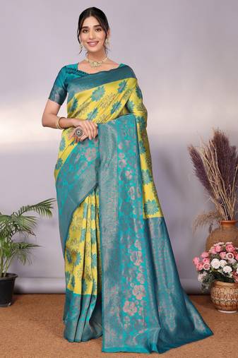 Lemon rama  soft silk blend banarasi jacuard work designer party wear saree with unstitched blouse piece