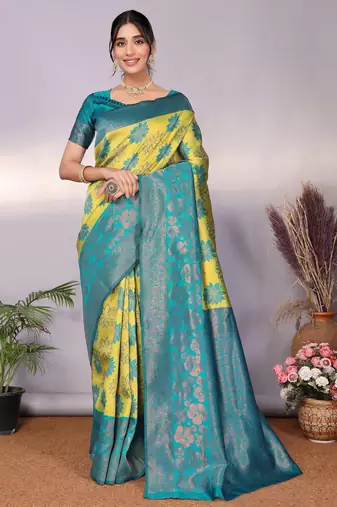 Lemon rama  soft silk blend banarasi jacuard work designer party wear saree with unstitched blouse piece