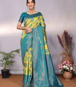 Lemon rama  soft silk blend banarasi jacuard work designer party wear saree with unstitched blouse piece