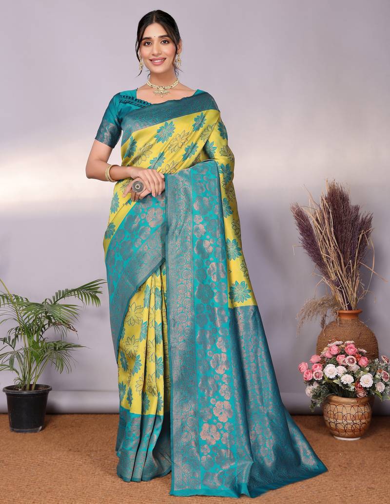Lemon rama  soft silk blend banarasi jacuard work designer party wear saree with unstitched blouse piece