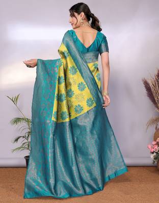 lemon rama silk blend banarasi saree with unstitched blouse piece 2