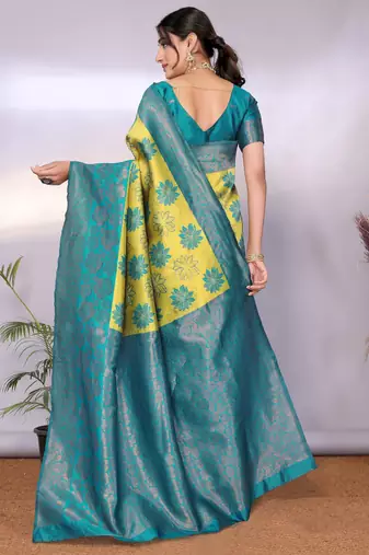 lemon rama silk blend banarasi saree with unstitched blouse piece