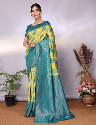 lemon rama silk blend banarasi saree with unstitched blouse piece 3
