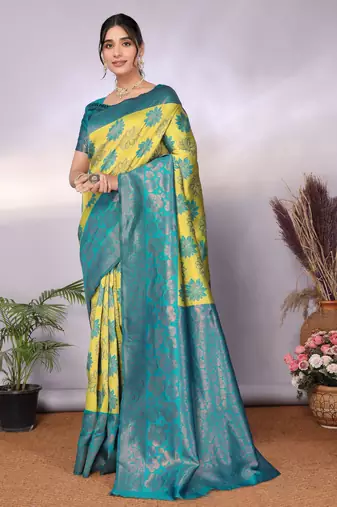 lemon rama silk blend banarasi saree with unstitched blouse piece