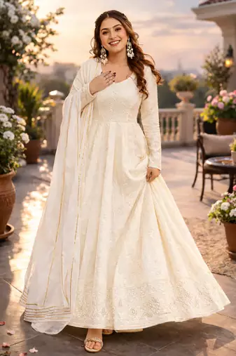 Classic off-white georgette heavy embroidered festive anarkali set