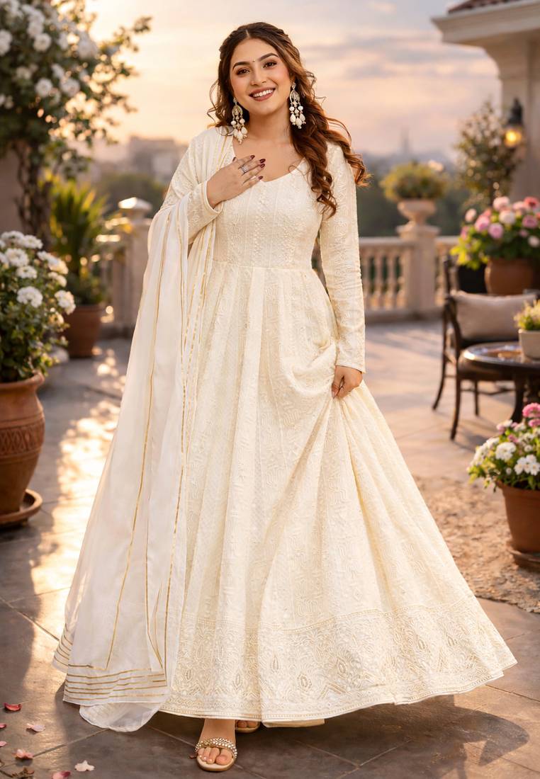 Classic off-white georgette heavy embroidered festive anarkali set