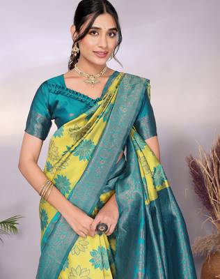 lemon rama silk blend banarasi saree with unstitched blouse piece 4