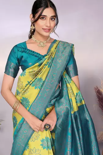 lemon rama silk blend banarasi saree with unstitched blouse piece