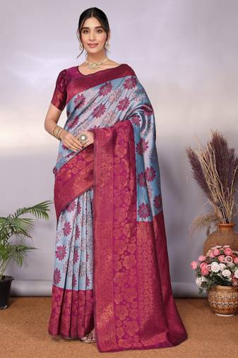 Sky wine soft silk blend banarasi jacuard work designer party wear saree with unstitched blouse piece