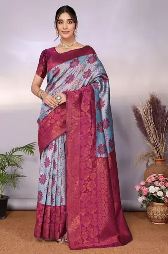 Sky wine soft silk blend banarasi jacuard work designer party wear saree with unstitched blouse piece