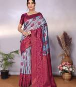 Sky wine soft silk blend banarasi jacuard work designer party wear saree with unstitched blouse piece