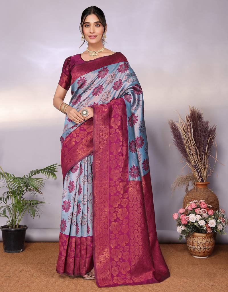 Sky wine soft silk blend banarasi jacuard work designer party wear saree with unstitched blouse piece