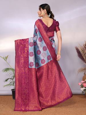 sky wine silk blend banarasi saree with unstitched blouse piece 2