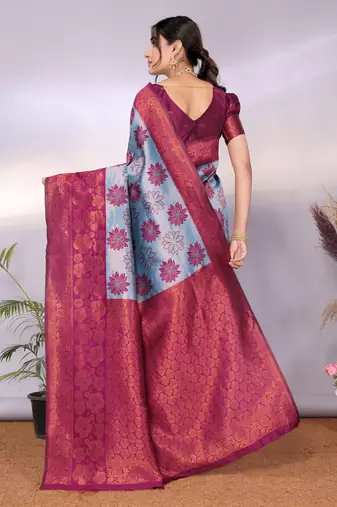 sky wine silk blend banarasi saree with unstitched blouse piece