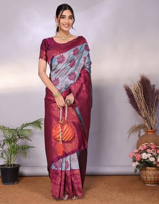 sky wine silk blend banarasi saree with unstitched blouse piece 3